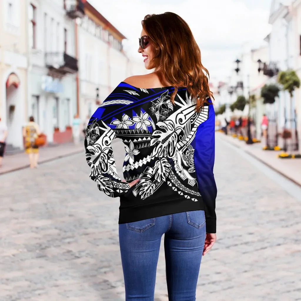 Samoa Women Off Shoulder Sweater - Tribal Jungle Pattern Blue Color