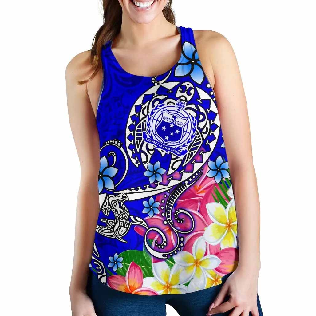 Samoa Women Racerback Tank - Turtle Plumeria (Blue)