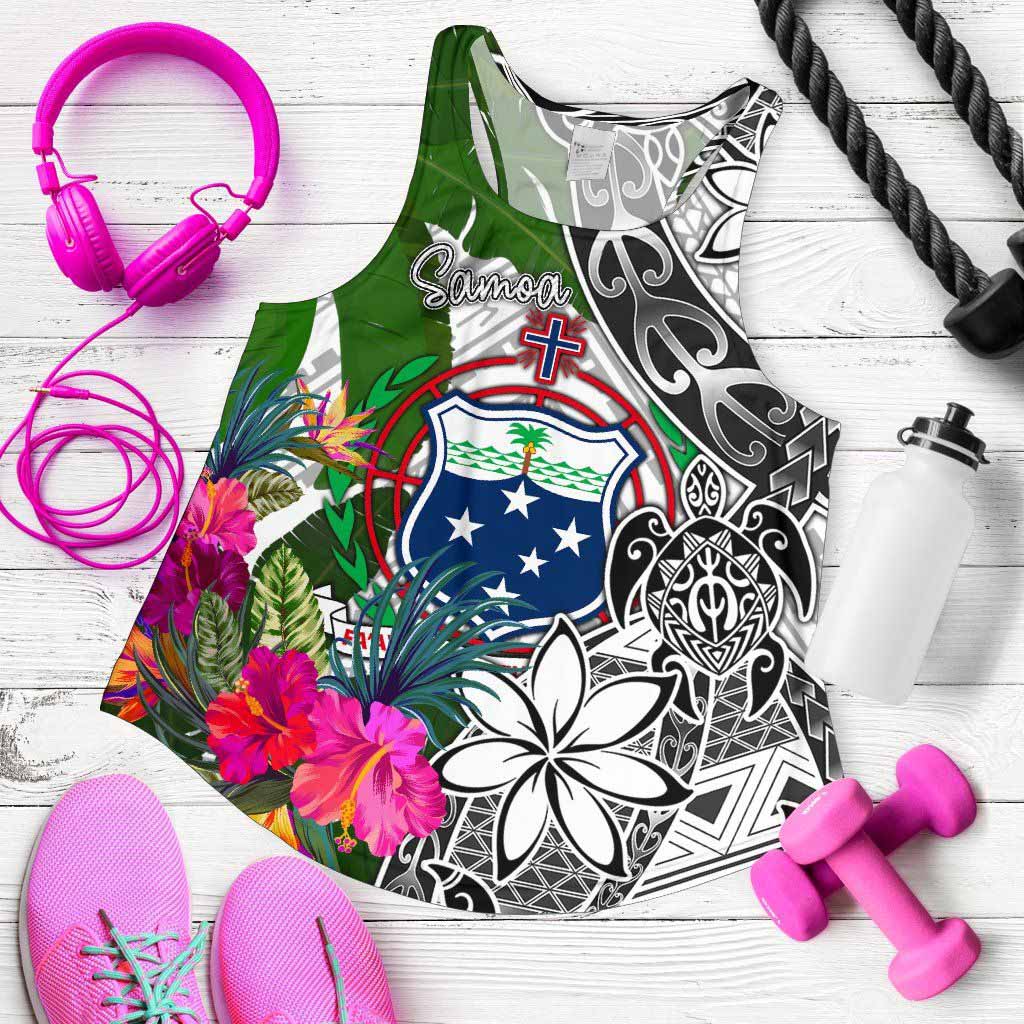 Samoa Women Racerback Tank White - Turtle Plumeria Banana Leaf
