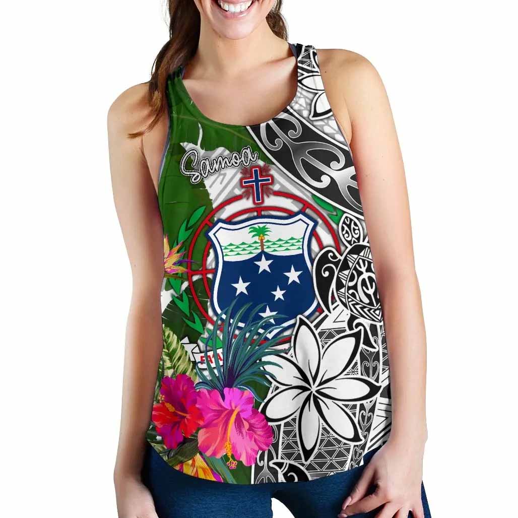 Samoa Women Racerback Tank White - Turtle Plumeria Banana Leaf