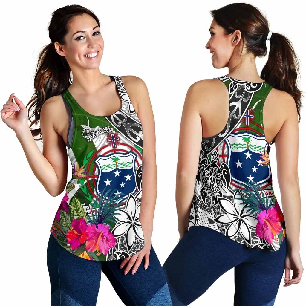 Samoa Women Racerback Tank White - Turtle Plumeria Banana Leaf