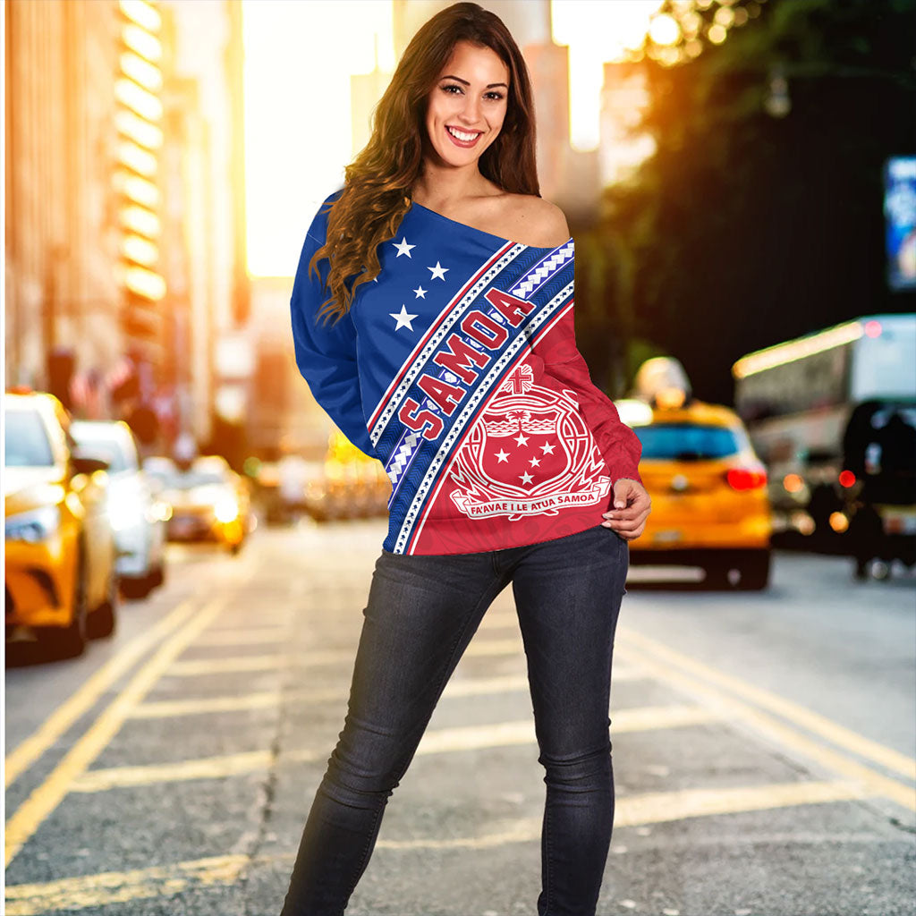 Samoa Off Shoulder Sweatshirt Flag And Coat Of Arms