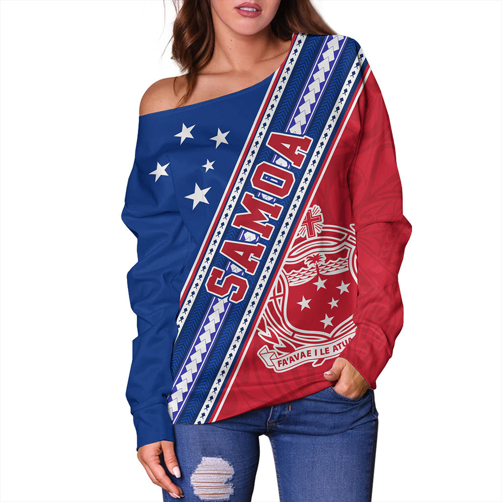 Samoa Off Shoulder Sweatshirt Flag And Coat Of Arms