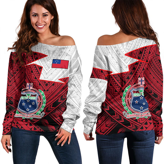 Samoa Off Shoulder Sweatshirt Polynesian Tattoo Flag And Coat Of Arms