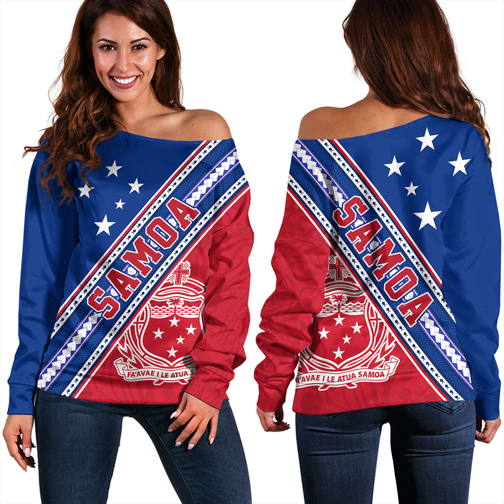 Samoa Off Shoulder Sweatshirt Flag And Coat Of Arms