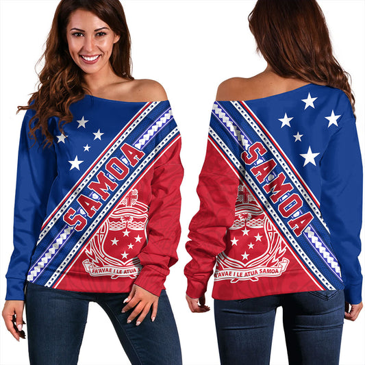 Samoa Off Shoulder Sweatshirt Flag And Coat Of Arms