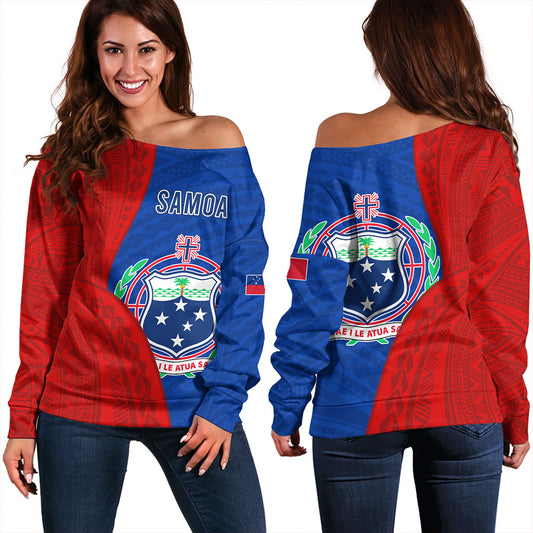 Samoa Off Shoulder Sweatshirt Custom Polynesian Pattern With Coat Of Arms