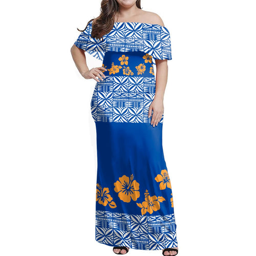 Samoa Off Shoulder Long Dress Tapa Flower Fabric Print