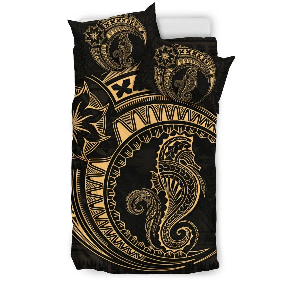 Seahorse Polynesian Duvet Cover Set - Polynesian Tattoo Gold