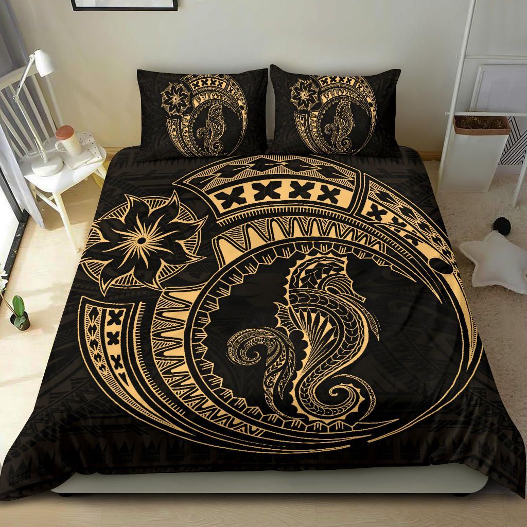 Seahorse Polynesian Duvet Cover Set - Polynesian Tattoo Gold