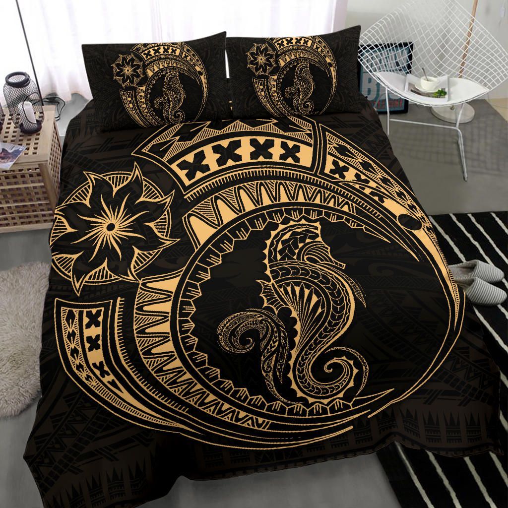 Seahorse Polynesian Duvet Cover Set - Polynesian Tattoo Gold