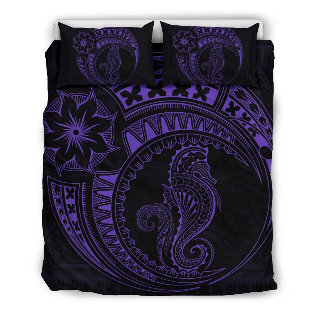 Seahorse Polynesian Duvet Cover Set - Polynesian Tattoo Purple