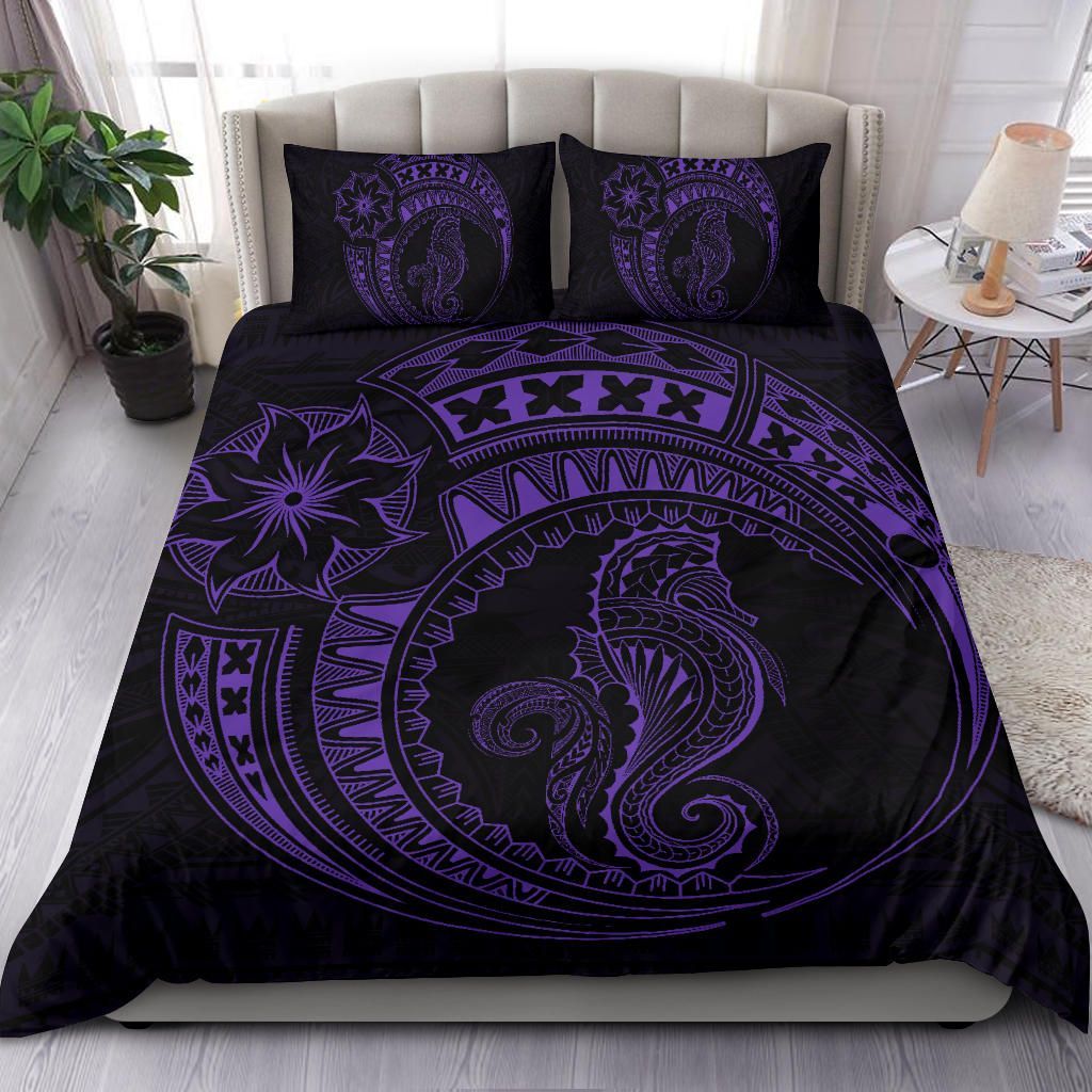 Seahorse Polynesian Duvet Cover Set - Polynesian Tattoo Purple