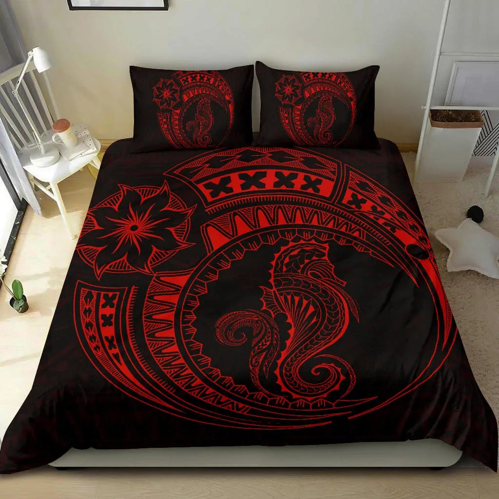 Seahorse Polynesian Duvet Cover Set - Polynesian Tattoo Red