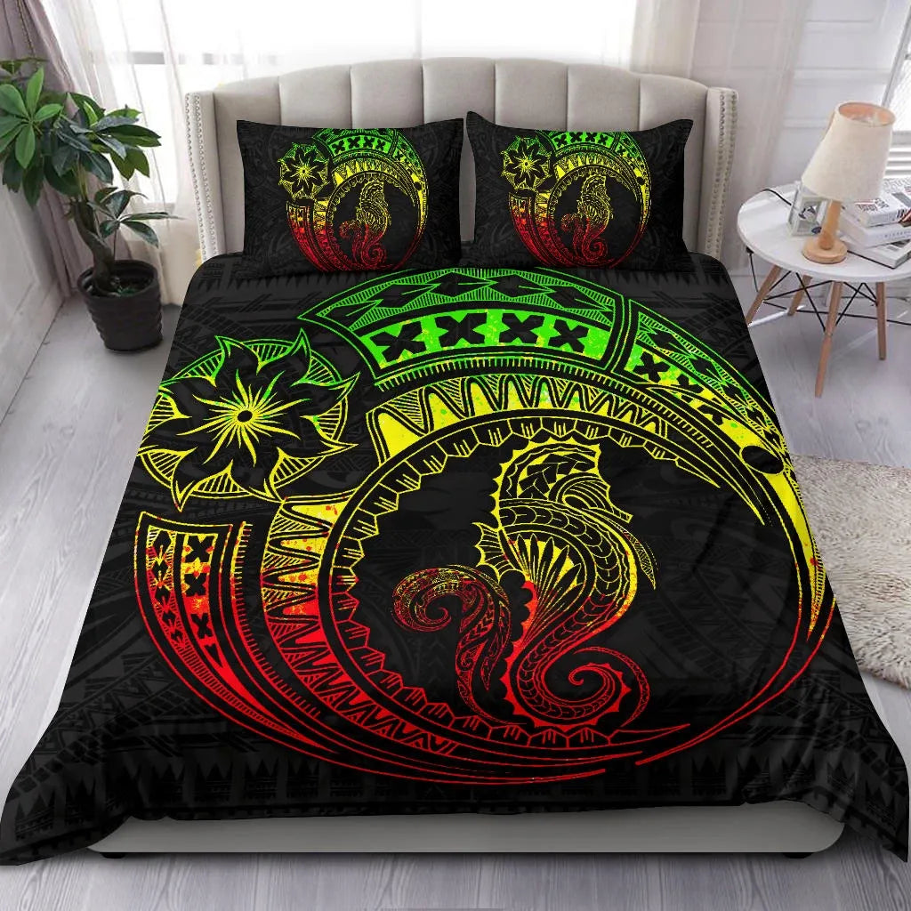Seahorse Polynesian Duvet Cover Set - Polynesian Tattoo Reggae