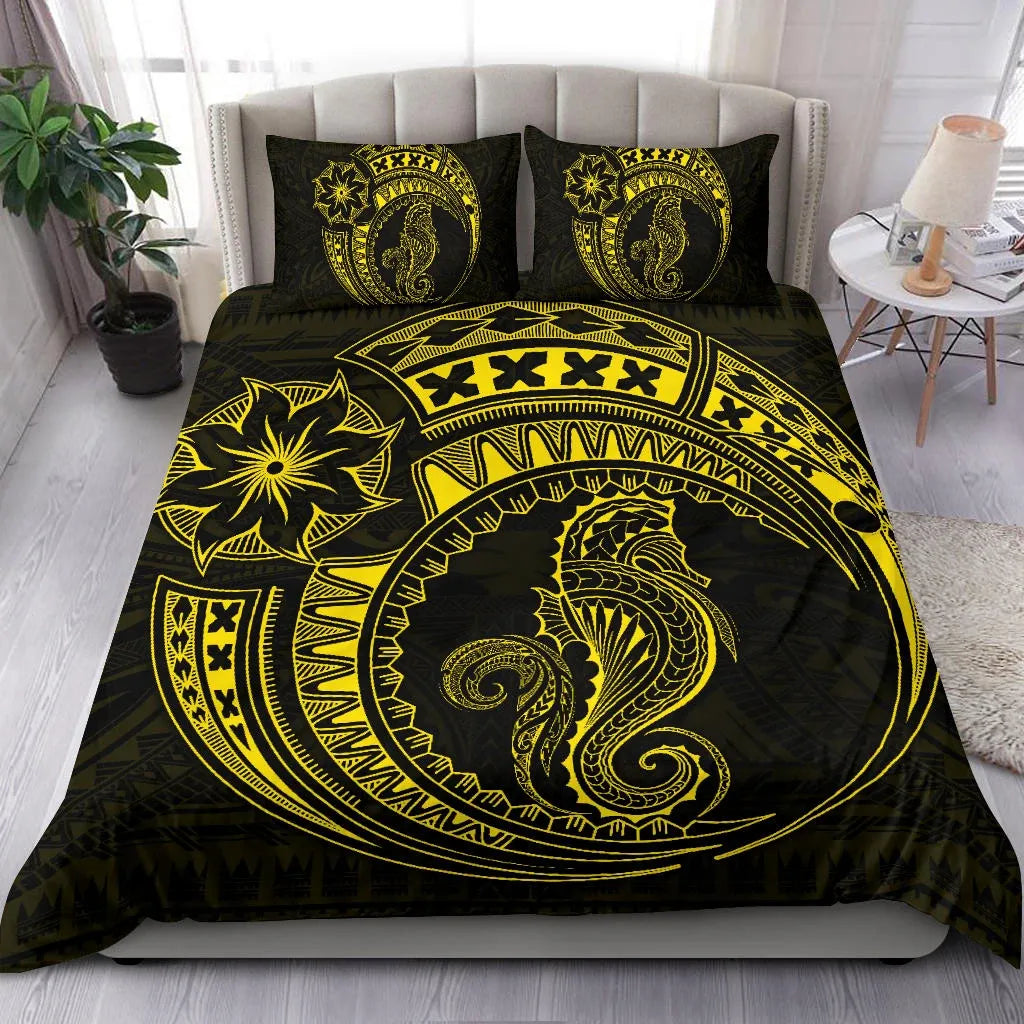 Seahorse Polynesian Duvet Cover Set - Polynesian Tattoo Yellow