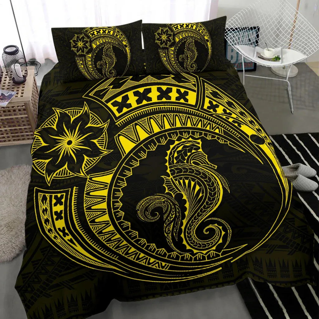 Seahorse Polynesian Duvet Cover Set - Polynesian Tattoo Yellow