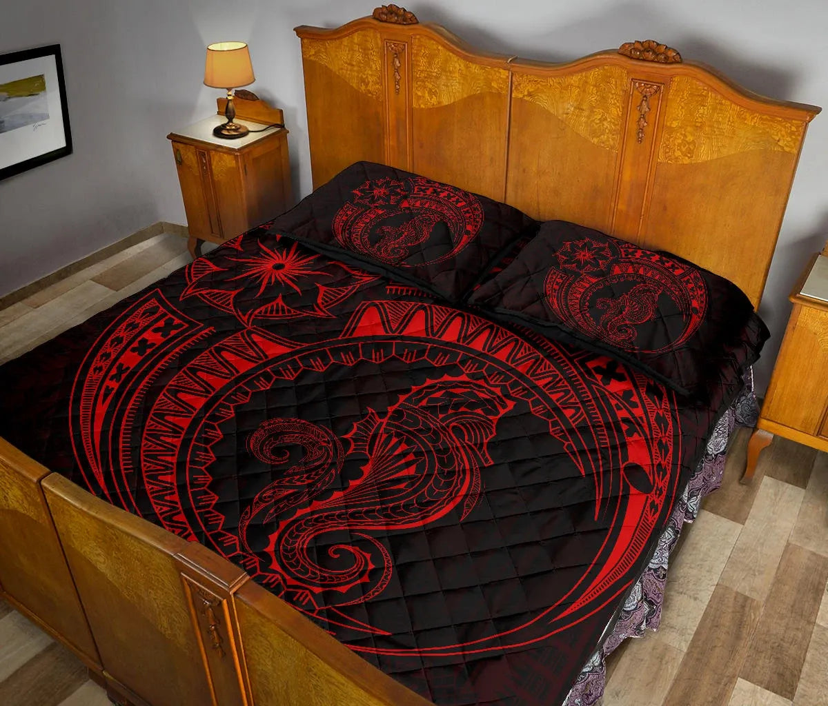 Polynesian Quilt Bed Set - Polynesian Red Seahorse Tattoo