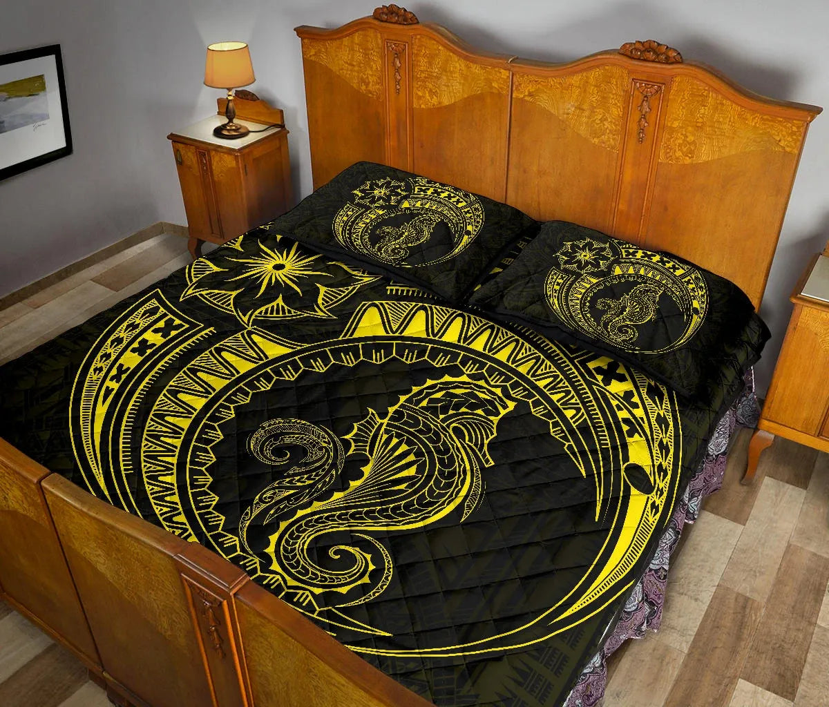 Polynesian Quilt Bed Set - Polynesian Yellow Seahorse Tattoo