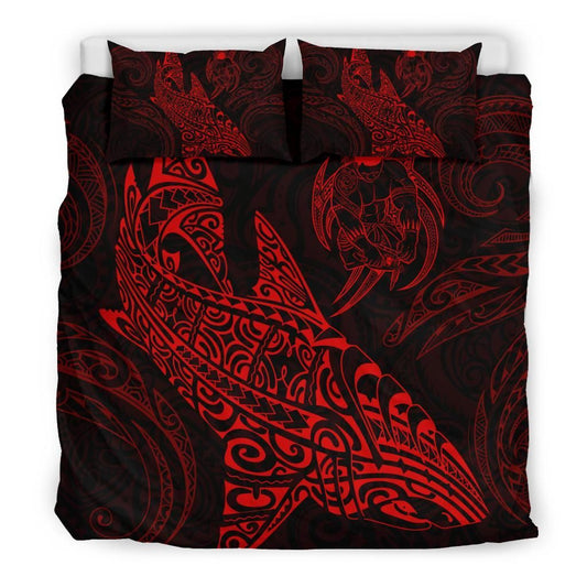 Shark Polynesian Duvet Cover Set - Polynesian Tattoo Red