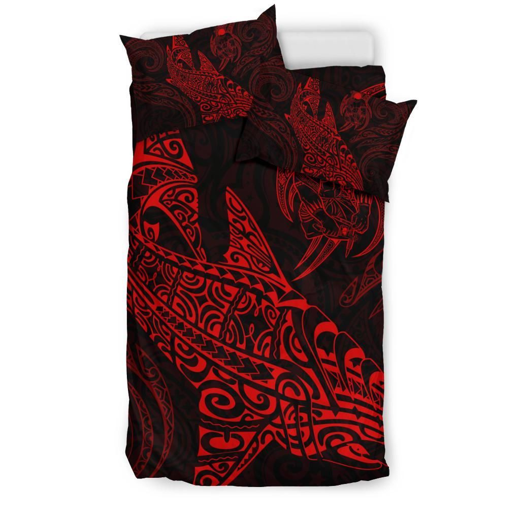 Shark Polynesian Duvet Cover Set - Polynesian Tattoo Red