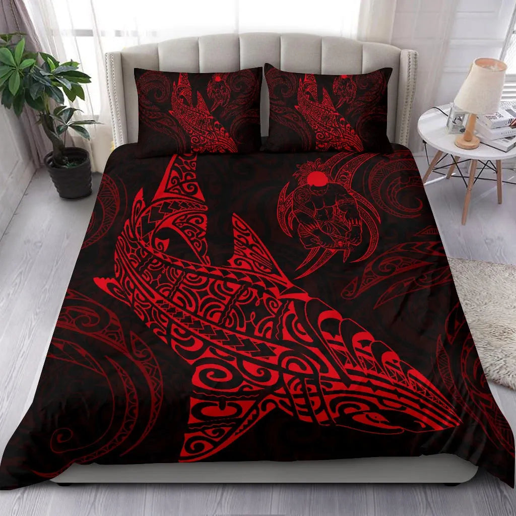 Shark Polynesian Duvet Cover Set - Polynesian Tattoo Red