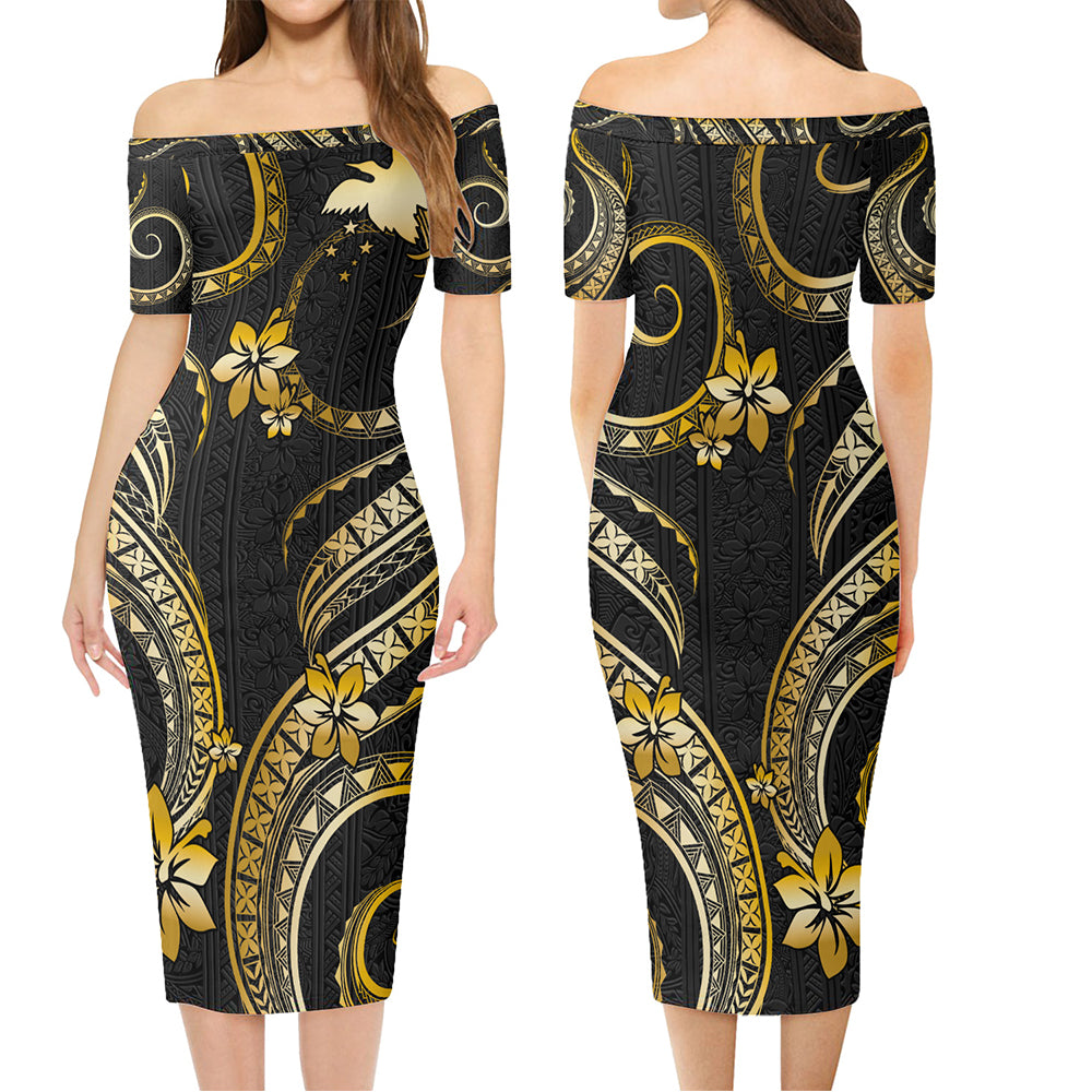 Papua New Guinea Combo Short Sleeve Dress And Shirt Golden Polynesian Pattern