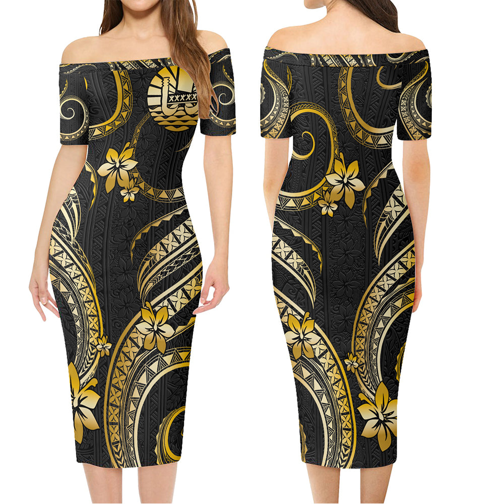 Tahiti Combo Short Sleeve Dress And Shirt Golden Polynesian Pattern