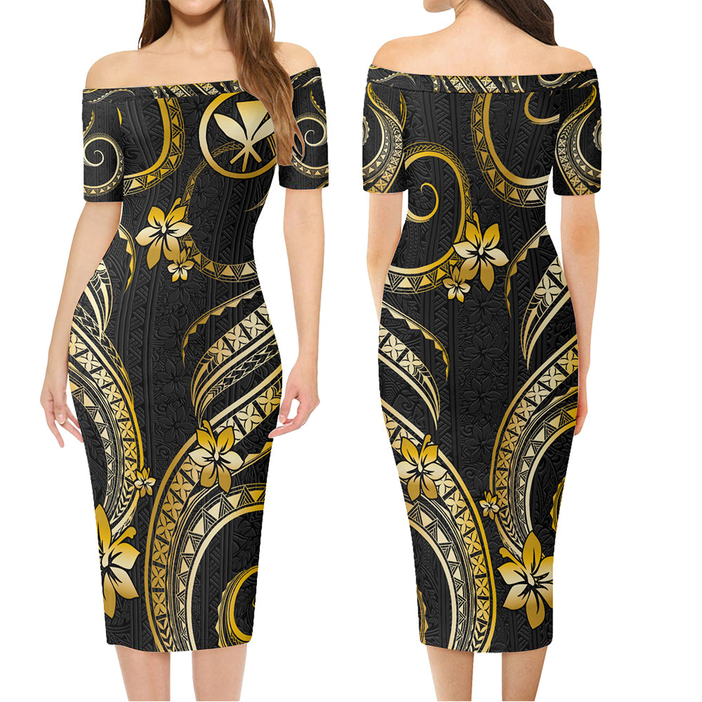Hawaii Combo Short Sleeve Dress And Shirt Kanaka Maoli Golden Polynesian Pattern