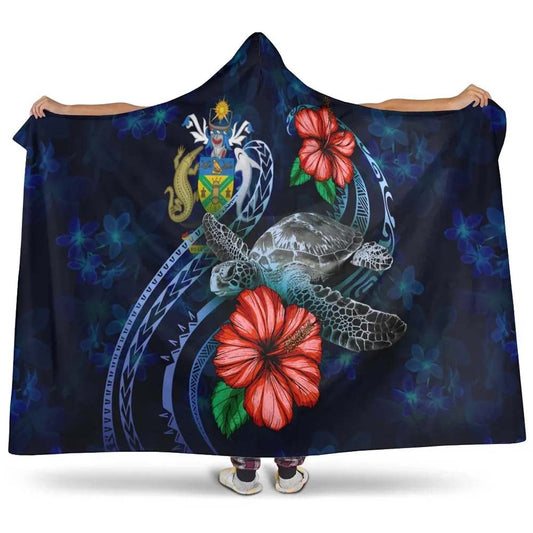 Solomon Islands Polynesian Hooded Blanket - Blue Turtle Hibiscus