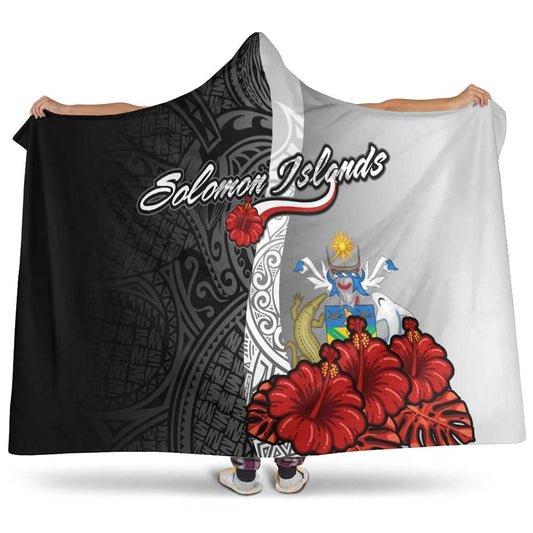 Solomon Islands Polynesian Hooded Blanket- Coat Of Arm With Hibiscus White