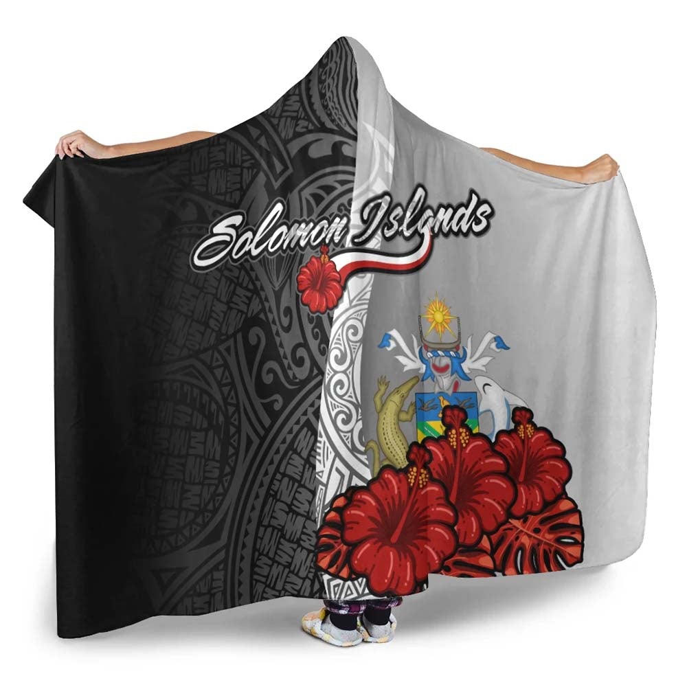 Solomon Islands Polynesian Hooded Blanket- Coat Of Arm With Hibiscus White