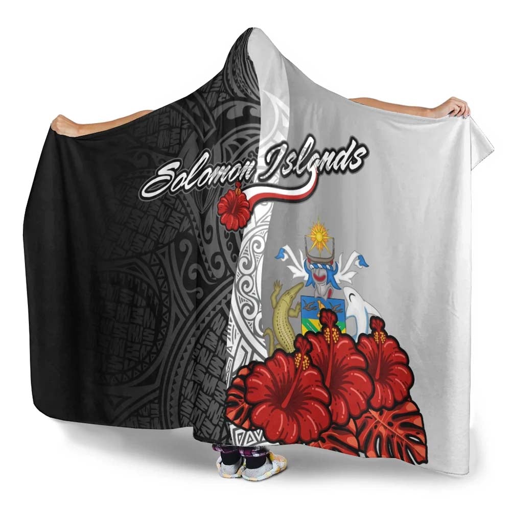 Solomon Islands Polynesian Hooded Blanket- Coat Of Arm With Hibiscus White
