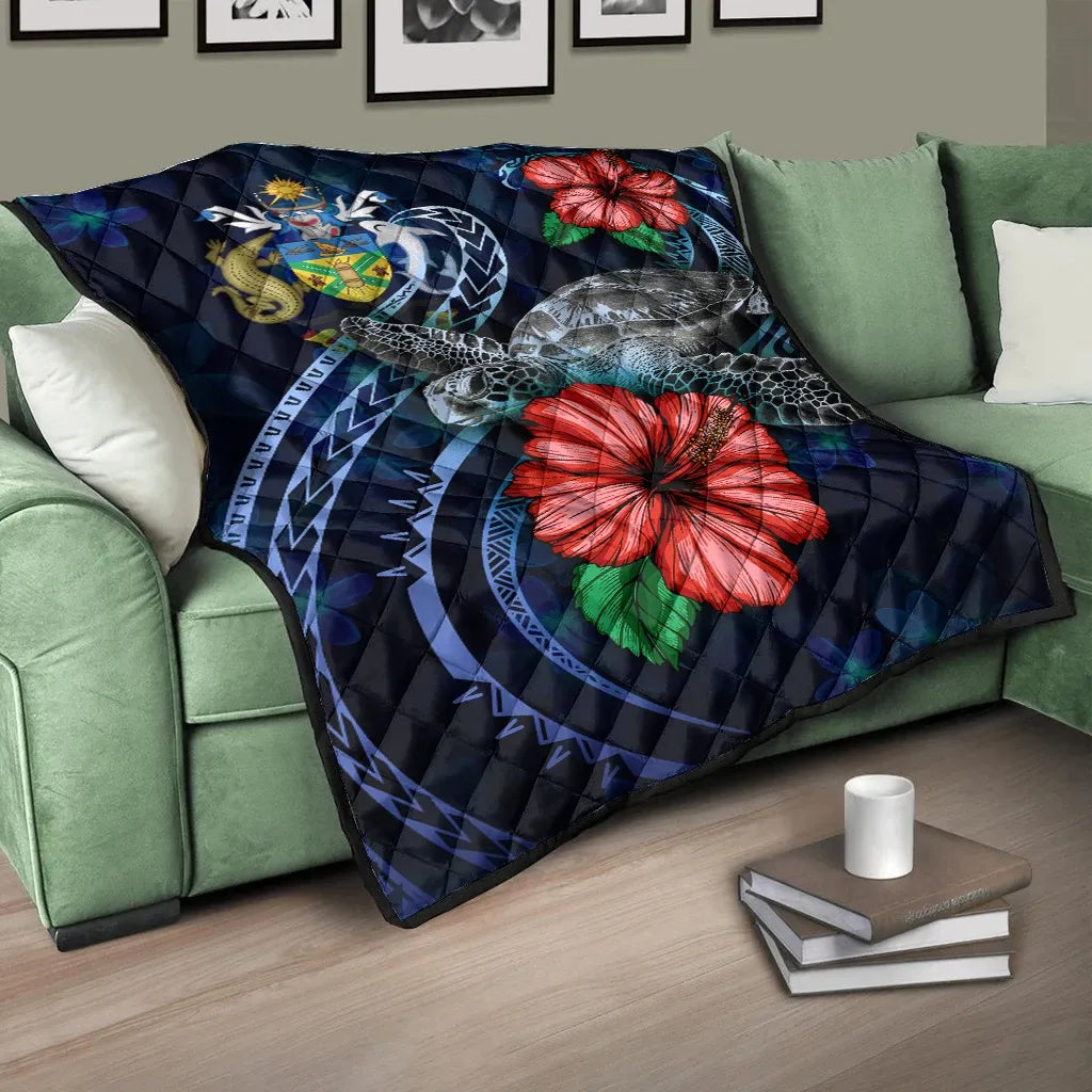 Solomon Islands Polynesian Premium Quilt - Blue Turtle Hibiscus