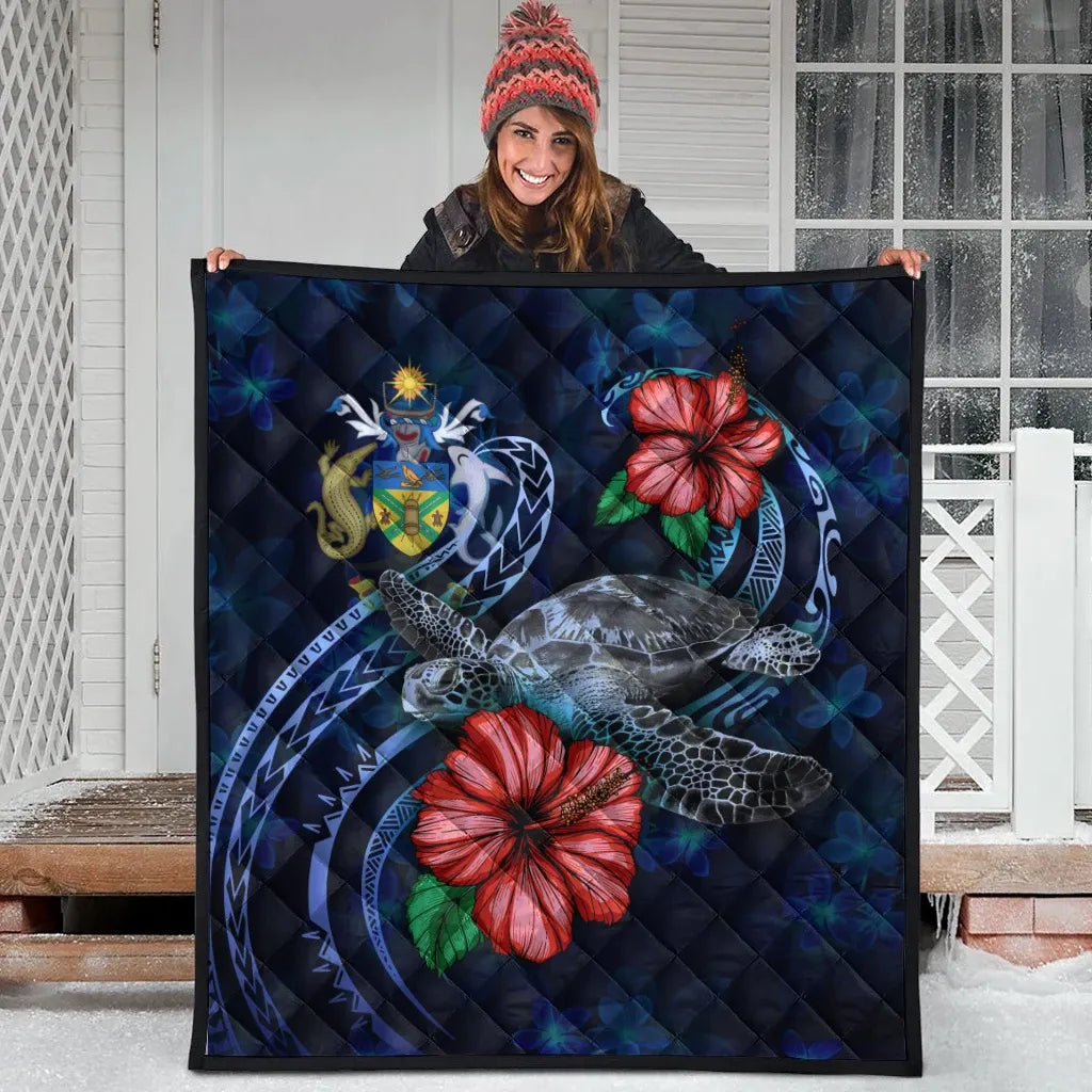 Solomon Islands Polynesian Premium Quilt - Blue Turtle Hibiscus