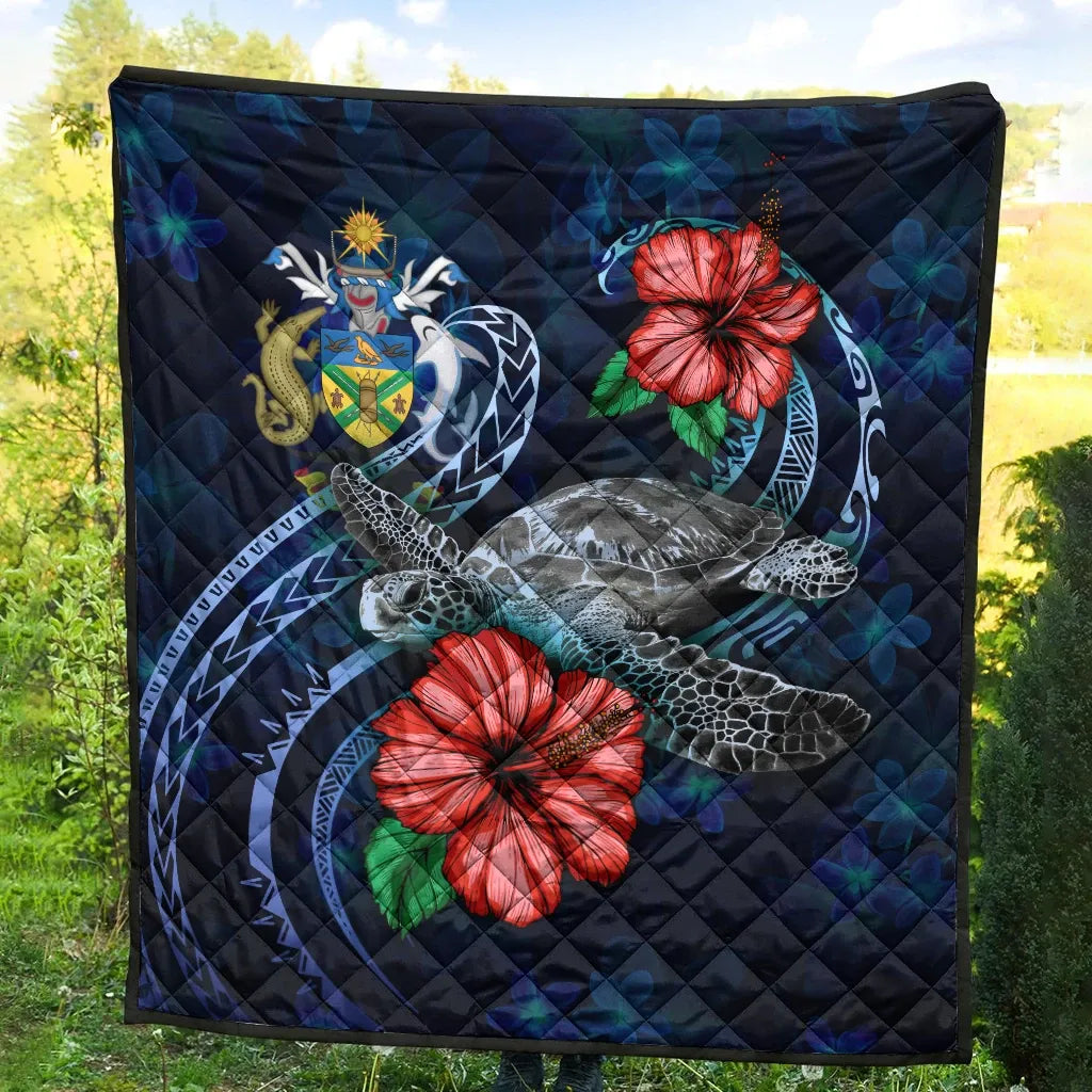 Solomon Islands Polynesian Premium Quilt - Blue Turtle Hibiscus