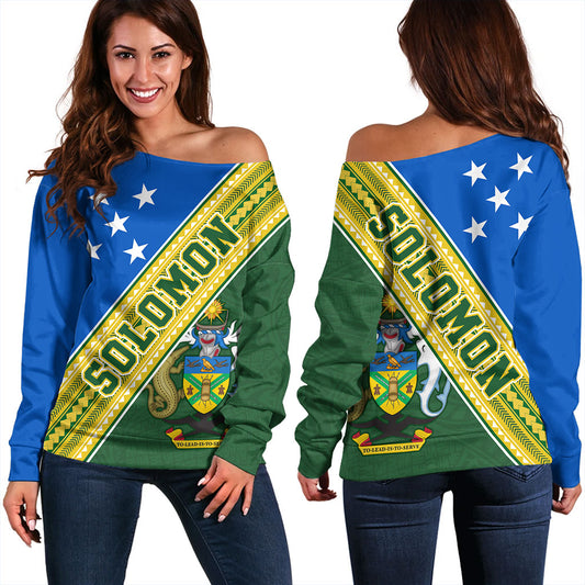 Solomon Islands Off Shoulder Sweatshirt Flag And Coat Of Arms
