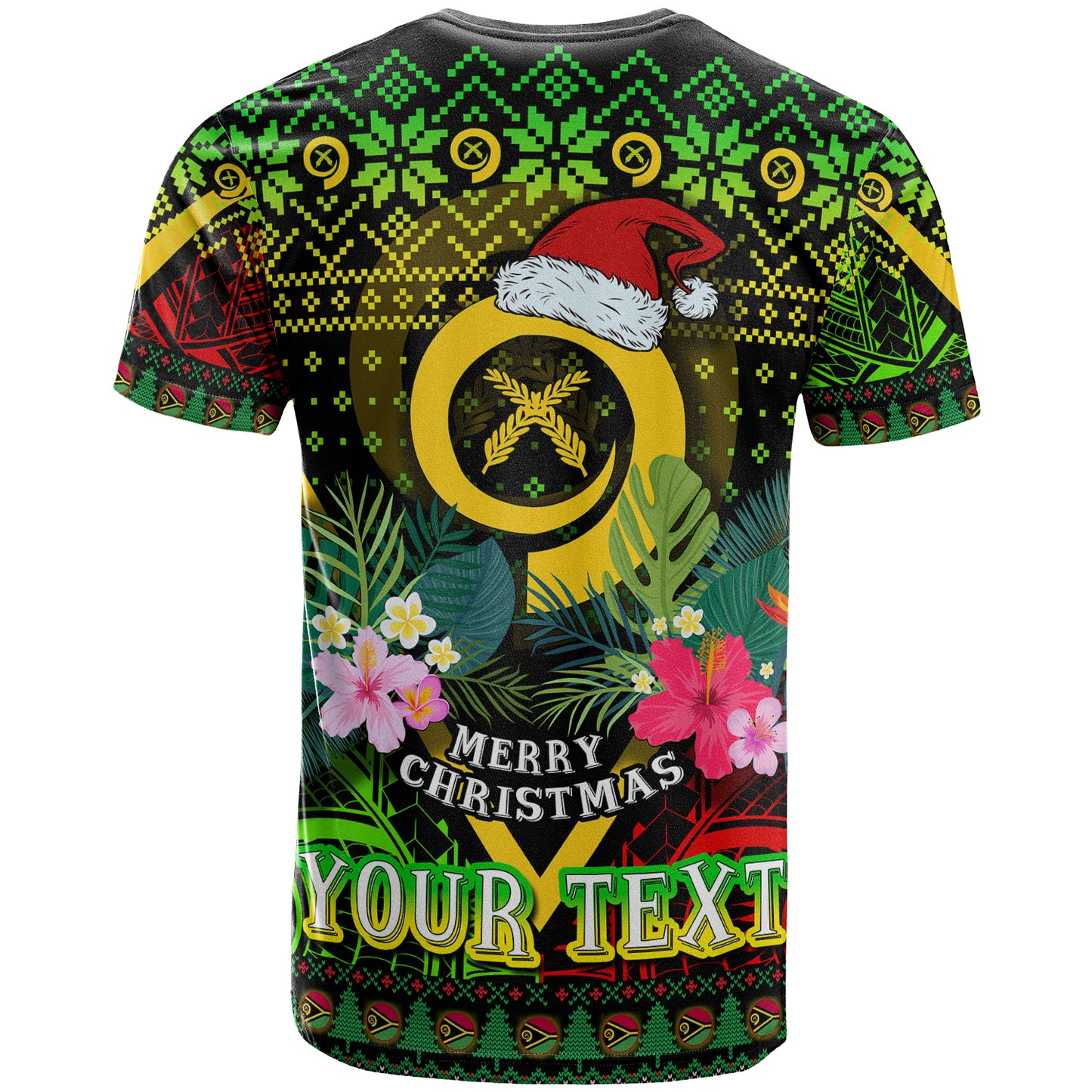 Vanuatu Polynesian Christmas T-Shirt - Custom Vanuatu Coat of Arms Christmas Hat Polynesian Patterns T-Shirt