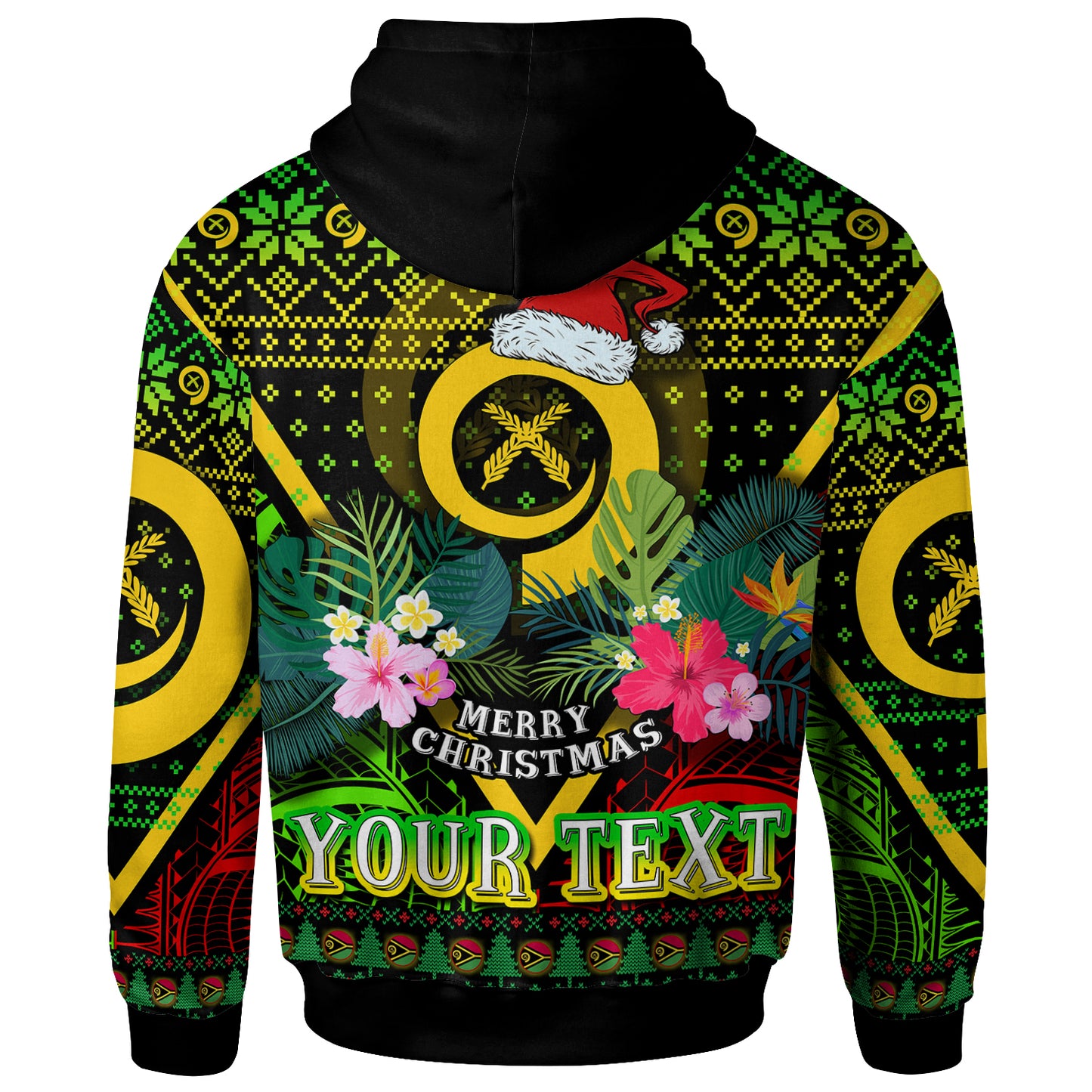 Vanuatu Polynesian Christmas Hoodie - Custom Vanuatu Coat of Arms Christmas Hat Polynesian Patterns Hoodie