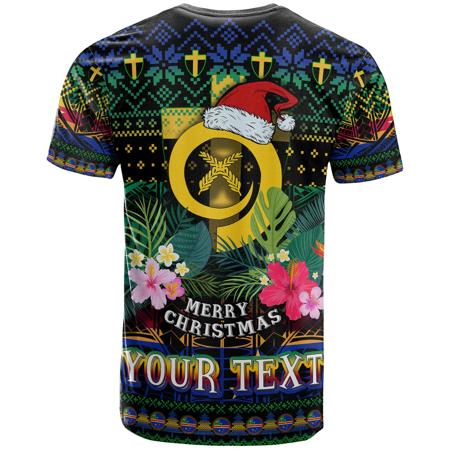 Tafea Polynesian Christmas T-Shirt - Custom Tafea Vanuatu Coat of Arms Christmas Hat Polynesian Patterns T-Shirt