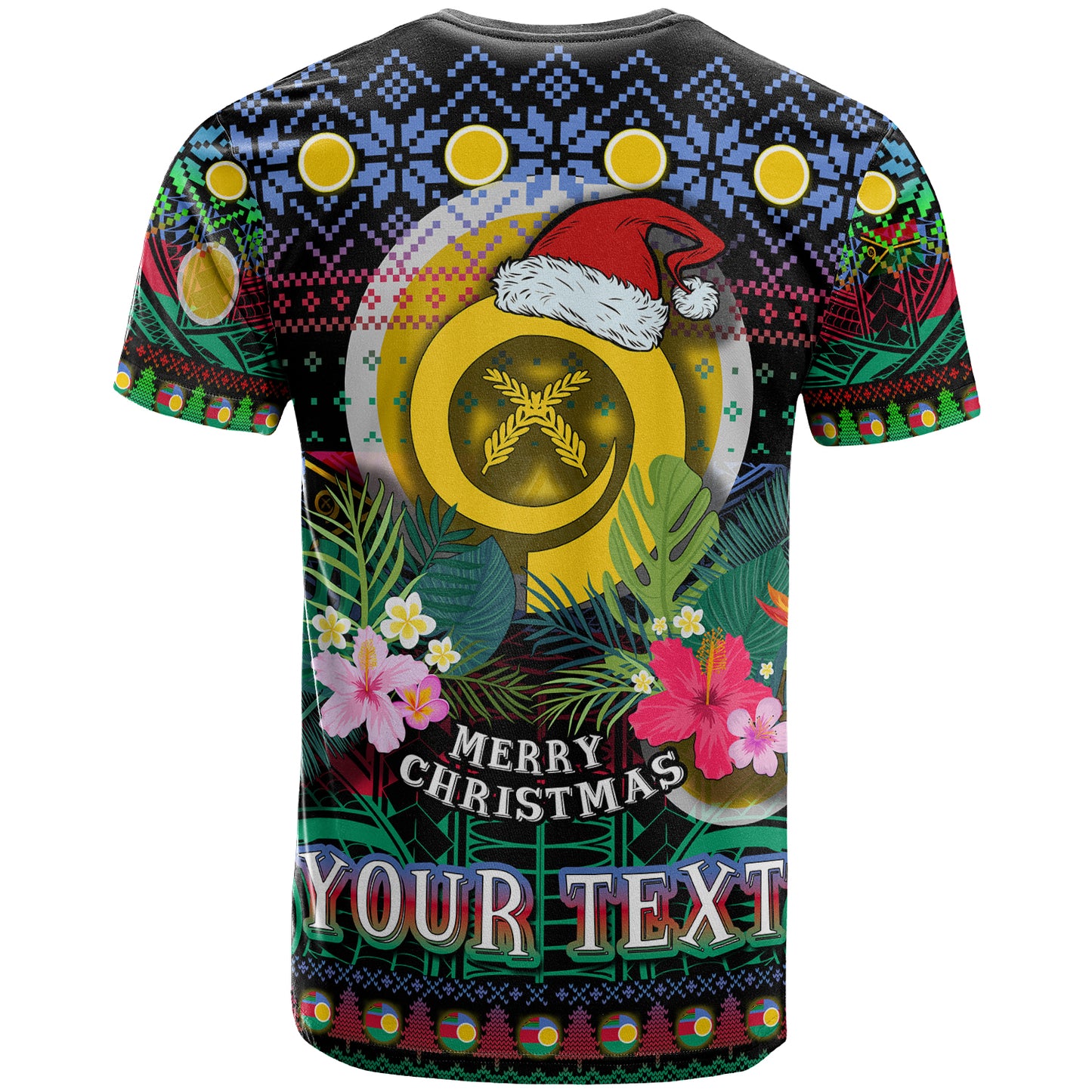 Shefa Polynesian Christmas T-Shirt - Custom Shefa Vanuatu Coat of Arms Christmas Hat Polynesian Patterns T-Shirt