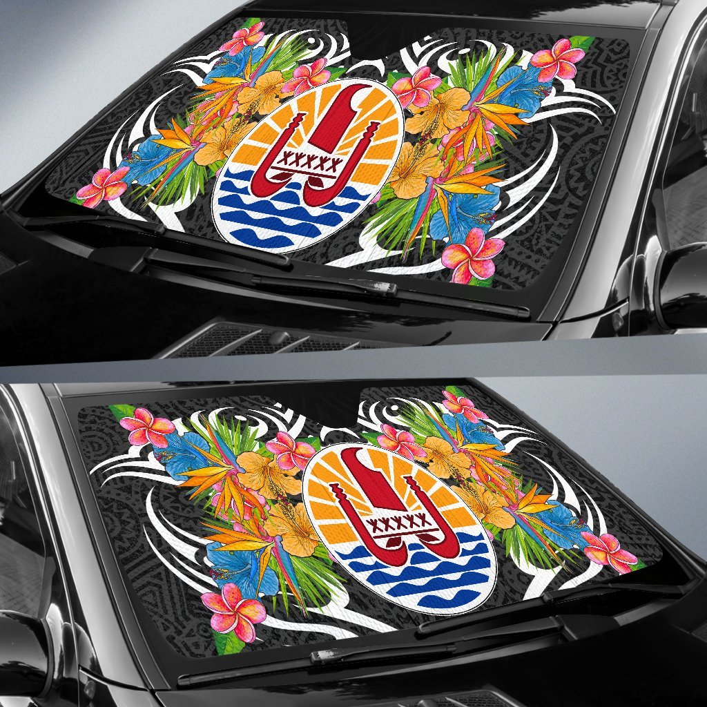 Tahiti Auto Sun Shades - Coat Of Arms With Tropical Flowers