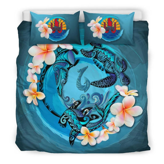 Polynesian Duvet Cover Set - Tahiti Bedding Set Blue Plumeria Animal Tattoo