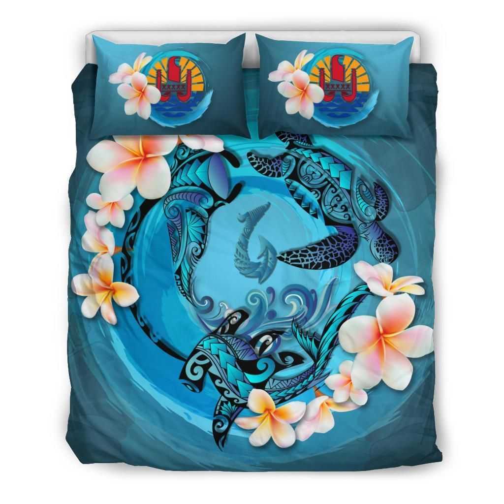 Polynesian Duvet Cover Set - Tahiti Bedding Set Blue Plumeria Animal Tattoo