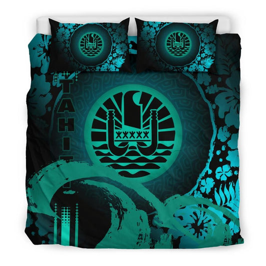 Tahiti Duvet Cover Set - Hibiscus And Wave Light Green