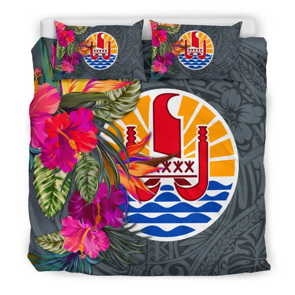 Tahiti Bedding Set - Hibiscus Polynesian Pattern Gray Version