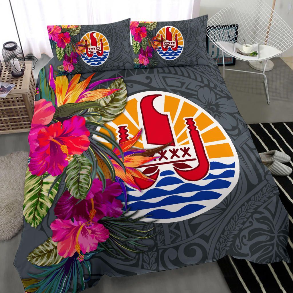 Tahiti Bedding Set - Hibiscus Polynesian Pattern Gray Version
