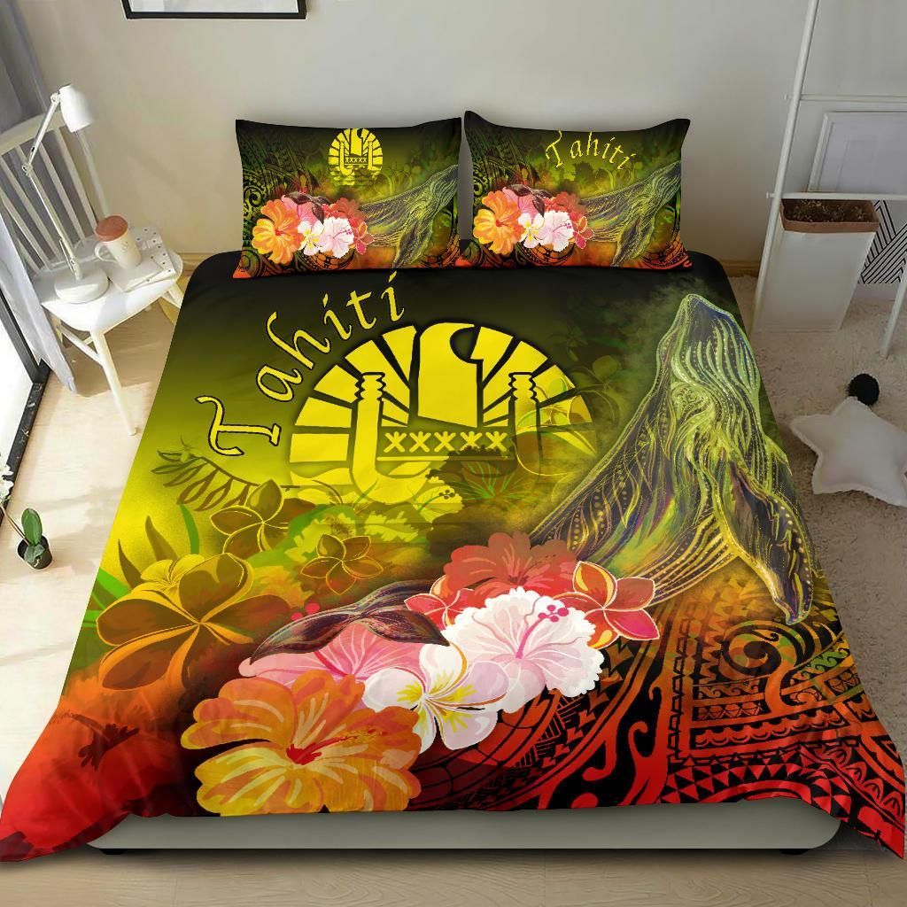 Tahiti Bedding Set - Humpback Whale With Tropical Flowers (Yellow)