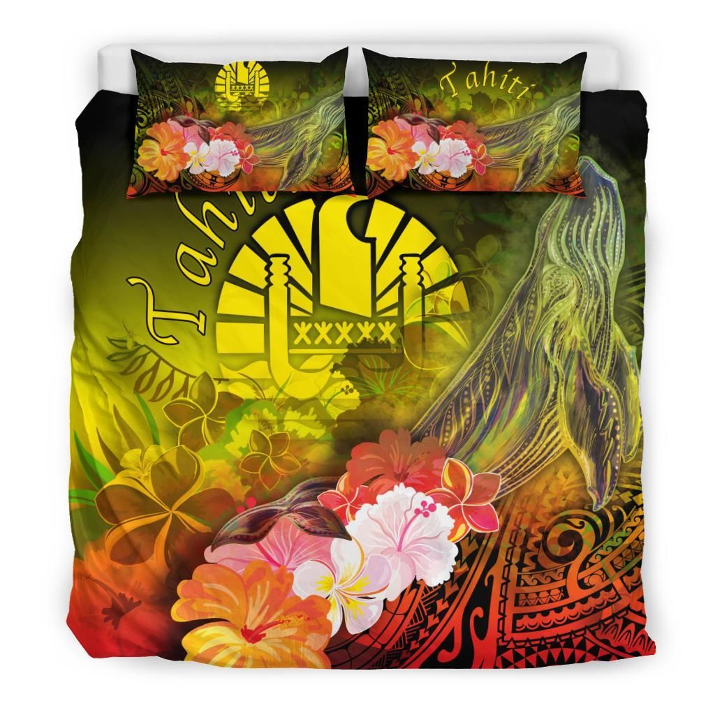 Tahiti Bedding Set - Humpback Whale With Tropical Flowers (Yellow)