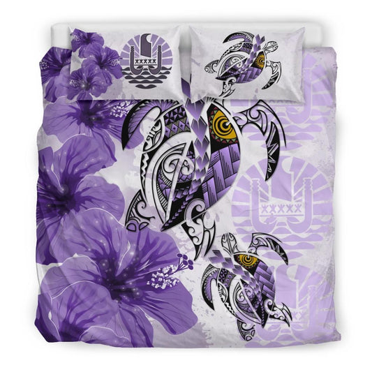 Polynesian Duvet Cover Set - Tahiti Bedding Set Polynesia Turtle Hibiscus Purple